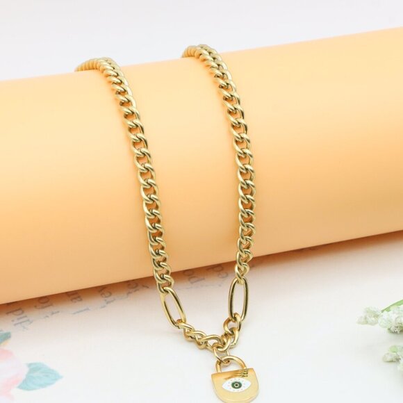 Bold Chunky Chain Necklace with Evil Eye Padlock Charm, XPNL0355 - Picture 9 of 13